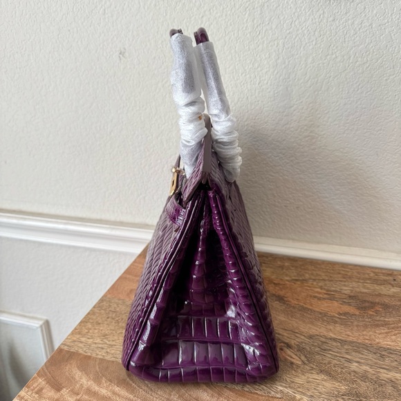 LEATHER INSIDE & OUT Purple Arch Bead 30 BK High Gloss Croc 3D Emboss Satchel B1 - Picture 12 of 16